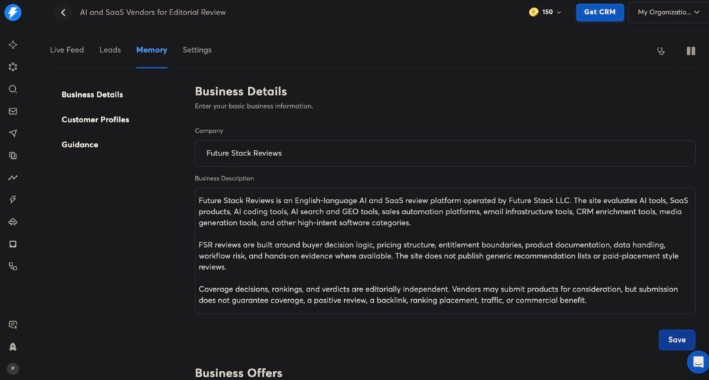 Instantly AI Sales Agent Memory tab showing Business Details, with the company name and a business description used to brief the agent.