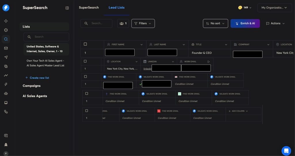 Instantly SuperSearch lead list with one result, columns for finding and validating work email, several marked Condition Unmet, and a 149-credit balance.