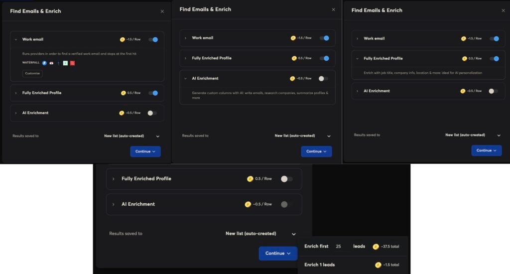 Instantly Find Emails and Enrich panel showing Work email at about 1.5 credits per row, Fully Enriched Profile at 0.5, and a 25-lead batch estimated near 37.5 credits.