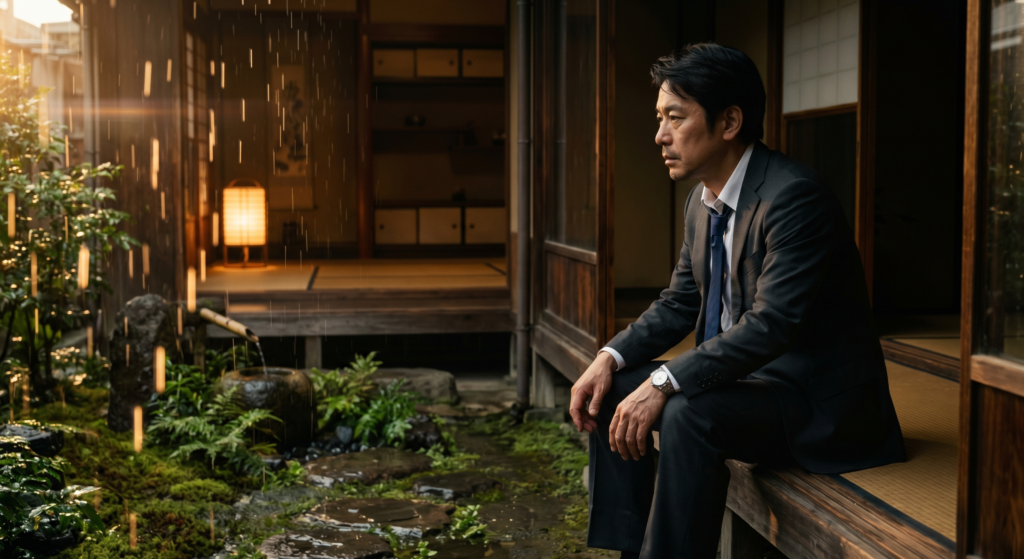 Mitte AI ナノバナナ 2K - Future Stack Reviews Nano Banana 2 output from Mitte: a man in a suit on a Japanese veranda in the rain, warm lantern light and a mossy garden. Generated at 2K, panel shown 80 credits, settled at 120.