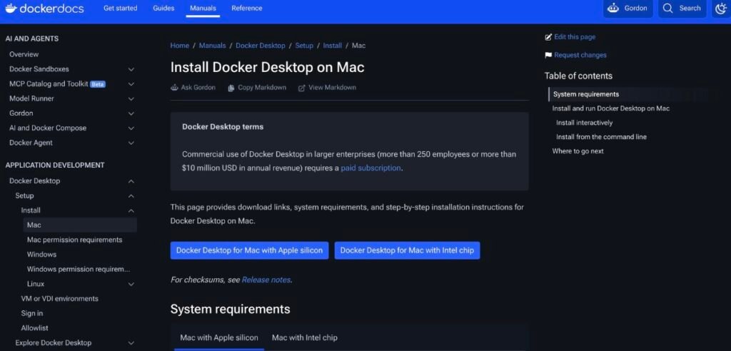 Docker Docs install page for Docker Desktop on Mac, with Apple silicon and Intel download buttons.