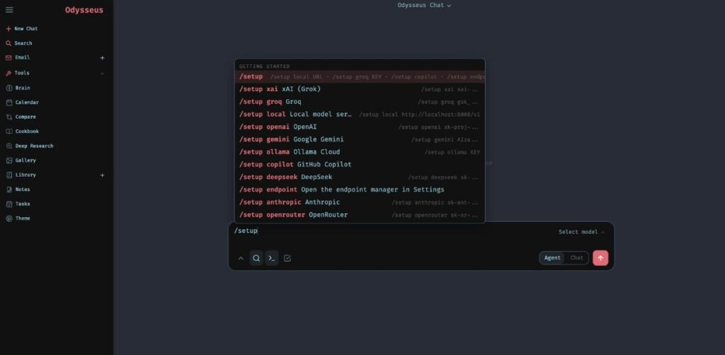 Odysseus /setup command palette listing providers: local, Ollama, OpenAI, Gemini, Anthropic, and OpenRouter.