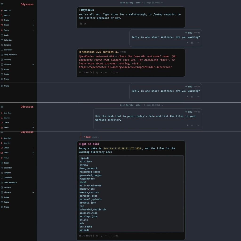 Screenshot of the Odysseus UI in dark mode, showing left navigation, chat panels, and code/terminal-style messages.