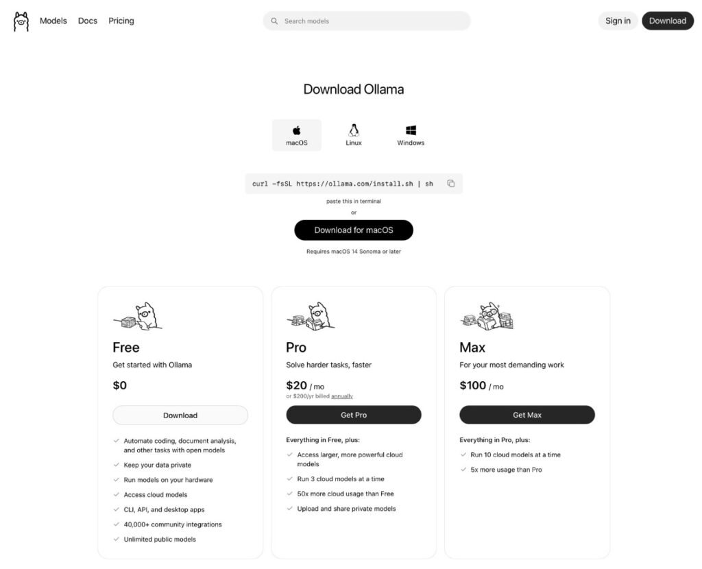 Ollama macOS download page with install command and free local plus paid cloud pricing tiers.