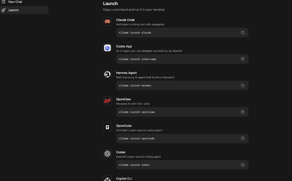 Ollama Launch page listing terminal agents including OpenCode and OpenClaw.