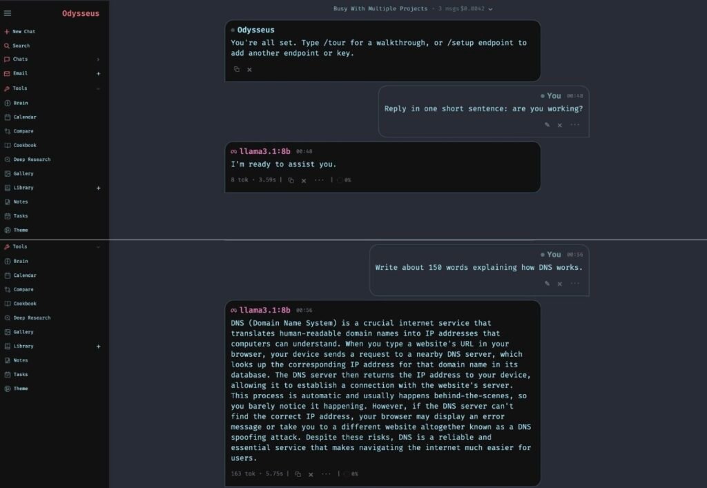 Odysseus running the local model llama3.1:8b, answering a prompt at 163 tokens in 5.75 seconds.