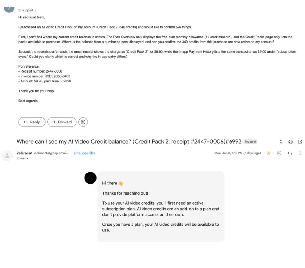 Screenshot of an email support thread with Zebracat. Future Stack Reviews asks where the balance from a purchased 340-credit pack appears, and Zebracat's first reply says the credits require an active subscription plan and do not provide platform access on their own.