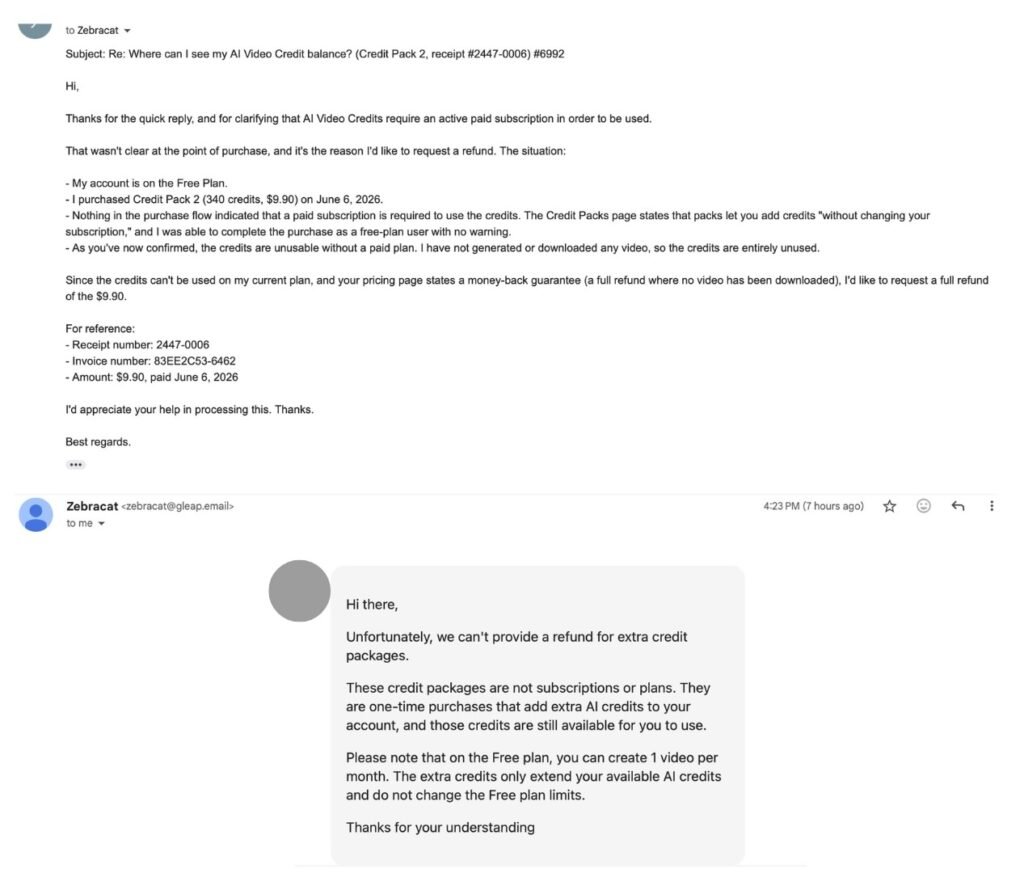 Screenshot of the same Zebracat email thread. Future Stack Reviews requests a full refund, noting a Free plan account, no video generated or downloaded, and that the purchase completed with no warning. Zebracat declines and states the credits are still available to use and extend the available AI credits on the Free plan.