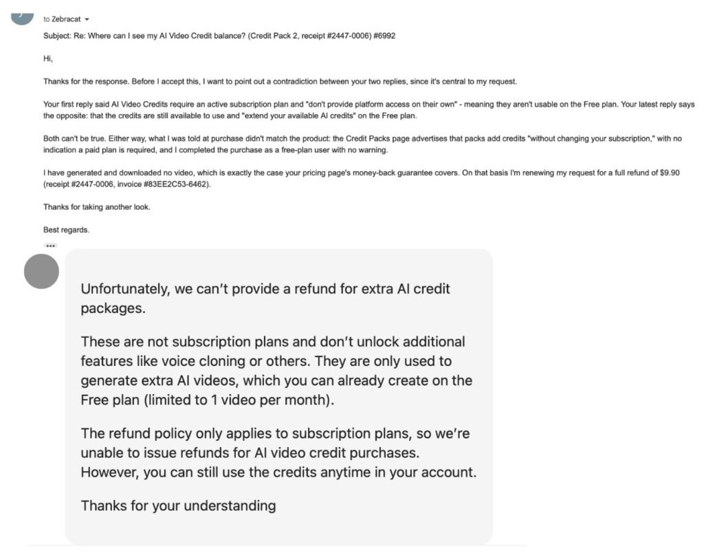 Screenshot of the same Zebracat email thread. Future Stack Reviews points out that the two prior replies contradict each other on whether the credits work on the Free plan, and renews the refund request. Zebracat declines a third time, stating the refund policy only applies to subscription plans while saying the credits can still be used anytime.