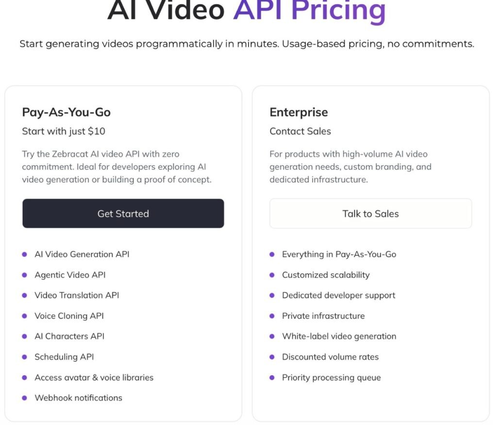 Zebracat's AI Video API pricing page with two tiers. Pay-As-You-Go starts at $10 and lists APIs for video generation, agentic video, video translation, voice cloning, AI characters, scheduling, avatar and voice library access, and webhook notifications. Enterprise is contact-sales and adds customized scalability, dedicated developer support, private infrastructure, white-label video generation, discounted volume rates, and a priority processing queue.