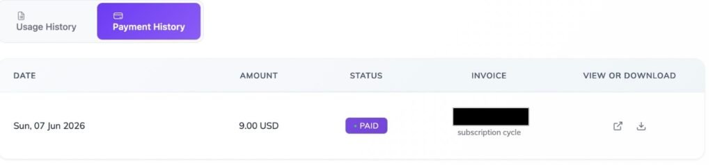Zebracat's in-app Payment History tab showing one entry dated Sunday, 7 June 2026, for 9.00 USD, marked Paid, labeled subscription cycle. The invoice number is redacted.