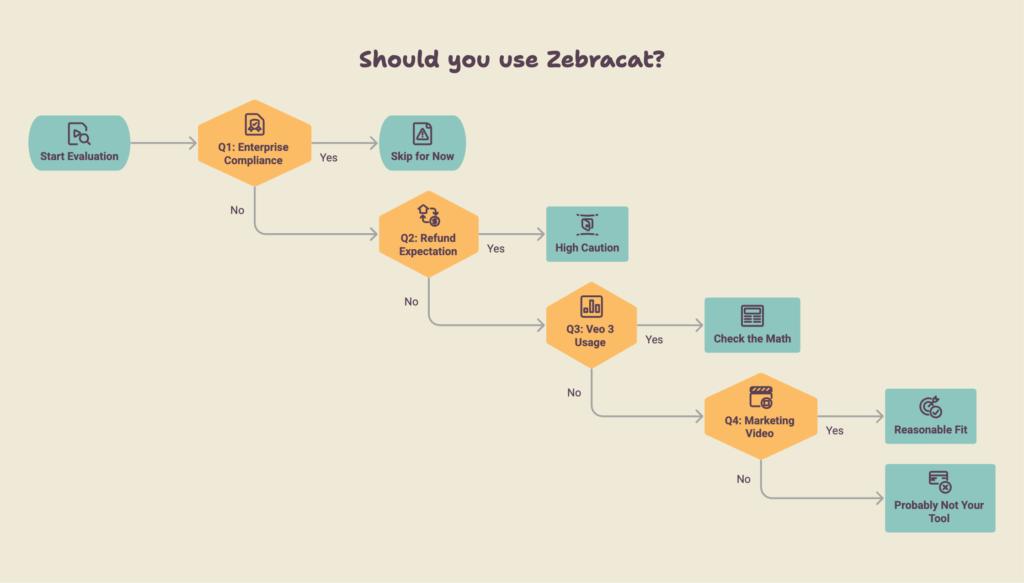 _- visual selection 1 - Future Stack Reviews Flowchart titled "Should you use Zebracat?" with four decision gates in sequence. Start Evaluation leads to Q1, Enterprise Compliance: answering yes routes to Skip for Now. No continues to Q2, Refund Expectation: yes routes to High Caution. No continues to Q3, Veo 3 Usage: yes routes to Check the Math. No continues to Q4, Marketing Video: yes routes to Reasonable Fit, and no routes to Probably Not Your Tool.