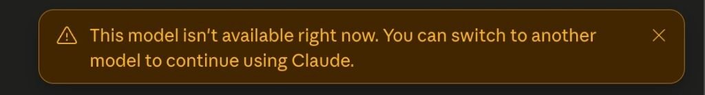 Claude app error message that appears when selecting Claude Fable 5, stating the model is not available right now and offering to switch to another model. Observed June 13, 2026.