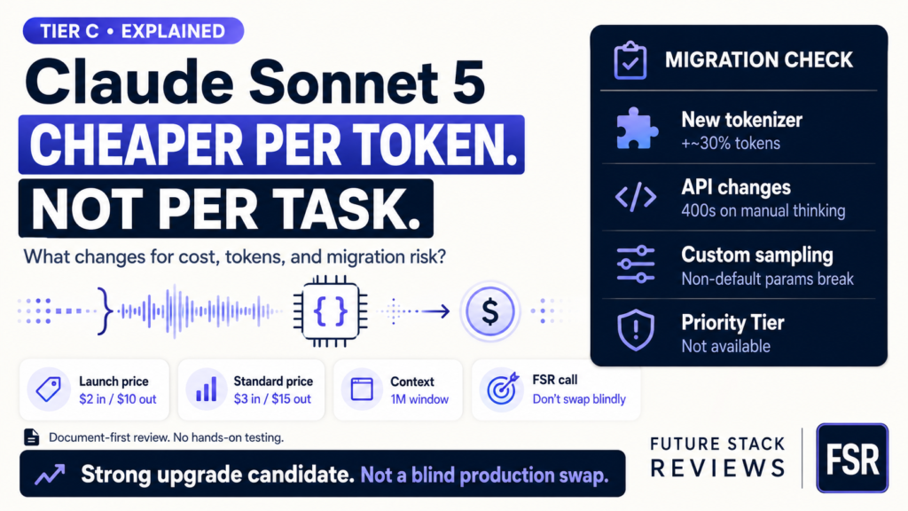 Claude Sonnet 5 migration check infographic: same per-token price as Sonnet 4.6 but about 30% more tokens, launch price $2/$10 and standard $3/$15, 1M context, API 400 errors on manual thinking, Priority Tier unavailable.