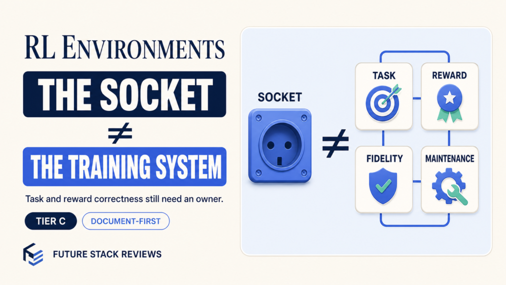 Diagram: an RL environment socket is not equal to the training system of task, reward, fidelity, and maintenance.