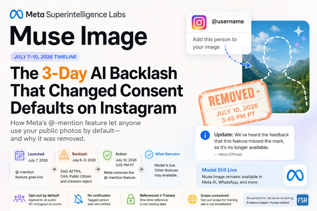 Infographic: Meta Muse Image's Instagram @-mention feature launched July 7 2026 and was removed July 10; the Muse Image model stayed available.
