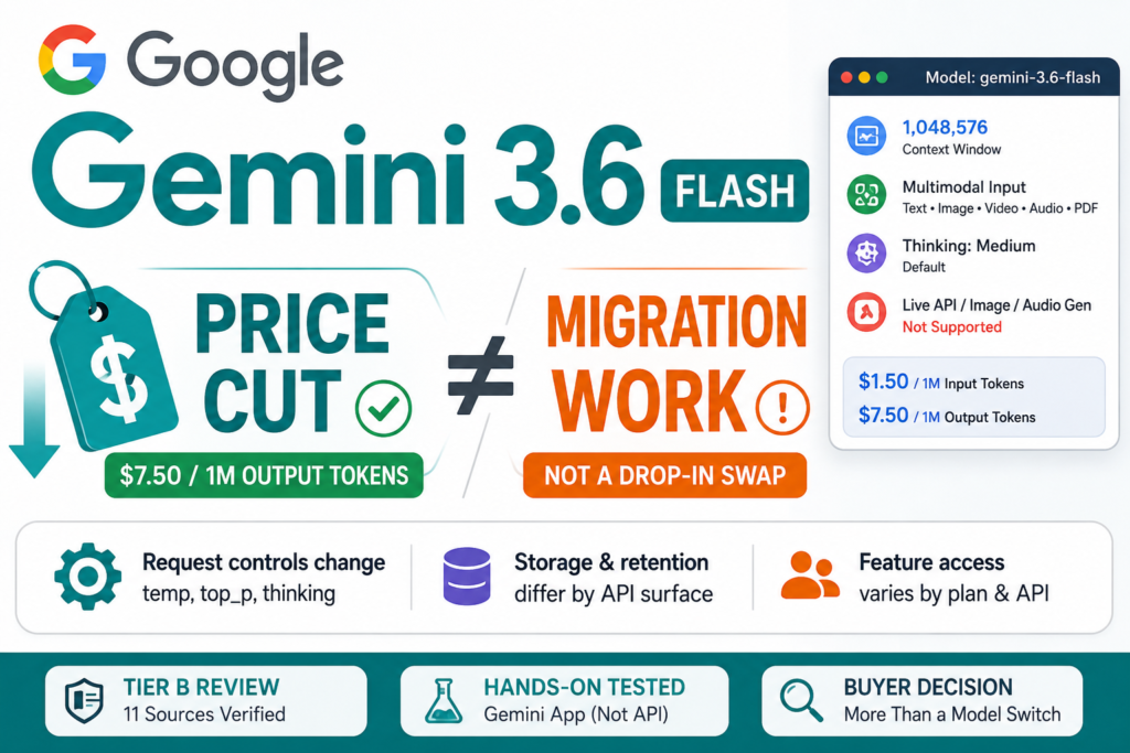 Gemini 3.6 Flash review summary card contrasting a $7.50 per million output token price cut with migration work marked not a drop-in swap, beside a panel of model specifications and pricing.