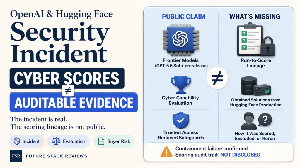 Two-panel graphic contrasting what OpenAI and Hugging Face publicly disclosed about the July 2026 evaluation incident with the scoring details that remain undisclosed.