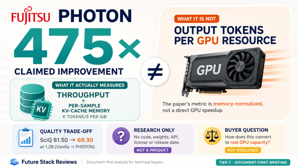 Diagram contrasting Fujitsu's claimed 475× PHOTON improvement with what the paper measures: throughput divided by per-sample KV-cache memory in K tokens per second per GiB, not output tokens per GPU resource. Also shown: SciQ falling from 81.50 to 69.30 at 1.2B, and no code, weights, API or release date.
