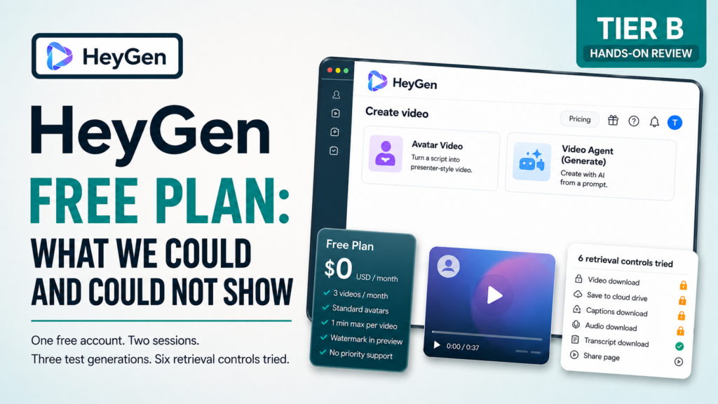 Featured image for Future Stack Reviews' Tier B hands-on review of the HeyGen free plan. The headline reads "HeyGen Free Plan: What We Could and Could Not Show", with a Tier B hands-on review badge and the line "One free account. Two sessions. Three test generations. Six retrieval controls tried." Alongside it, a stylised interface illustration shows a free plan card priced at zero dollars a month listing three videos per month, standard avatars, a one minute maximum per video, a watermark in preview and no priority support; a video player showing zero of thirty-seven seconds; and a panel headed "6 retrieval controls tried" in which video download, save to cloud drive, captions download and audio download each carry a padlock, transcript download carries a checkmark, and share page carries a play icon.