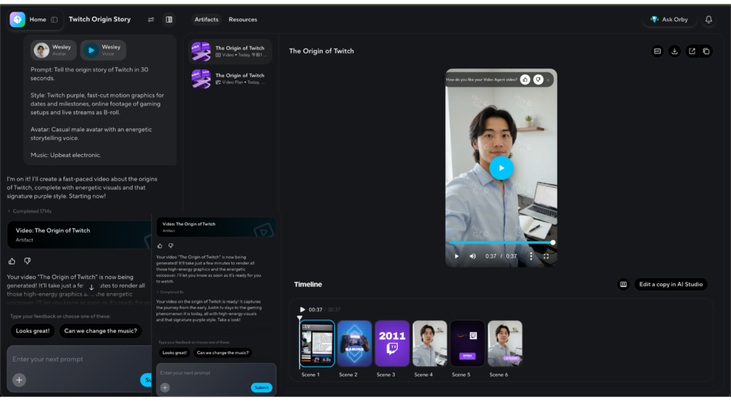 HeyGen's prompt agent result screen. The left panel shows the vendor-supplied prompt requesting a thirty-second origin story with a stated colour treatment, fast-cut motion graphics, a casual male avatar and upbeat electronic music, followed by the agent's reply and a completion time reading 1714 seconds. The centre panel lists two artifacts from the one prompt, a video and a video plan. The player reads 0:37 of 0:37 and the frame carries repeated HeyGen watermarks across it. The timeline below lists six scenes, with the first marked 6.8 seconds.