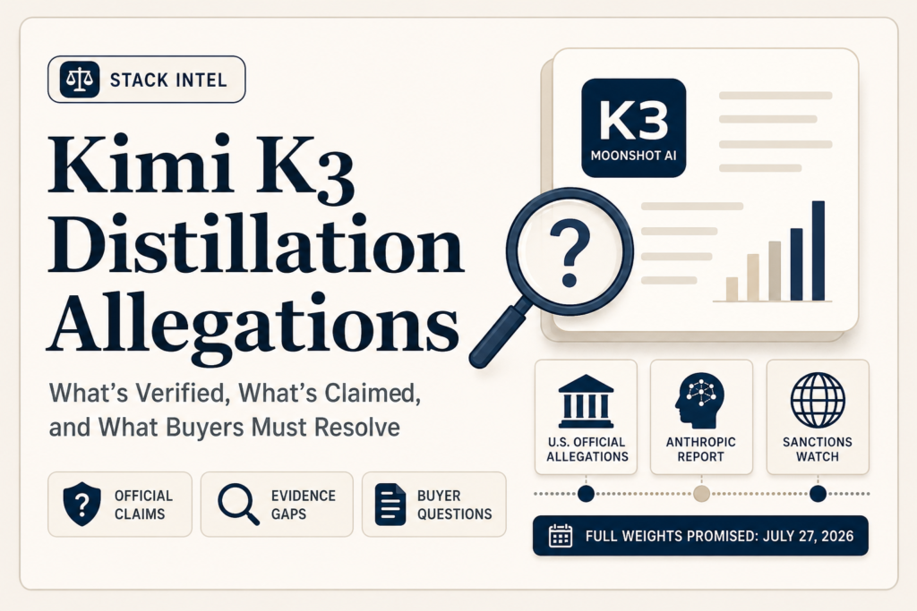 Editorial cover graphic titled Kimi K3 Distillation Allegations, with the subheading what's verified, what's claimed, and what buyers must resolve. Three labels read official claims, evidence gaps and buyer questions. A panel on the right shows a document card marked K3 Moonshot AI beneath a magnifying glass with a question mark, three cards labelled US official allegations, Anthropic report and sanctions watch, and a bar reading full weights promised July 27 2026.