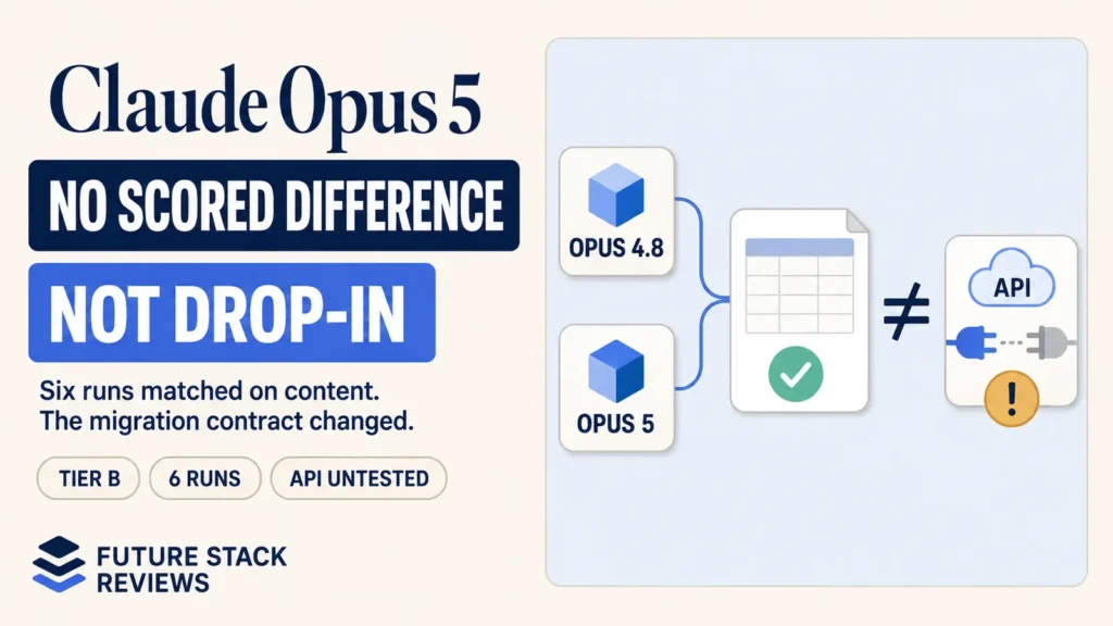 Claude Opus 5 review card reading no scored difference and not drop-in. A diagram shows Opus 4.8 and Opus 5 reaching the same verified result, while the API side is marked unequal with a warning.
