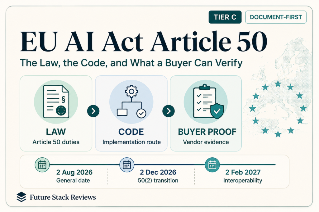Title card for a Future Stack Reviews briefing on EU AI Act Article 50, subtitled The Law, the Code, and What a Buyer Can Verify, carrying a Tier C badge and three linked icons labeled Law, Code and Buyer Proof.