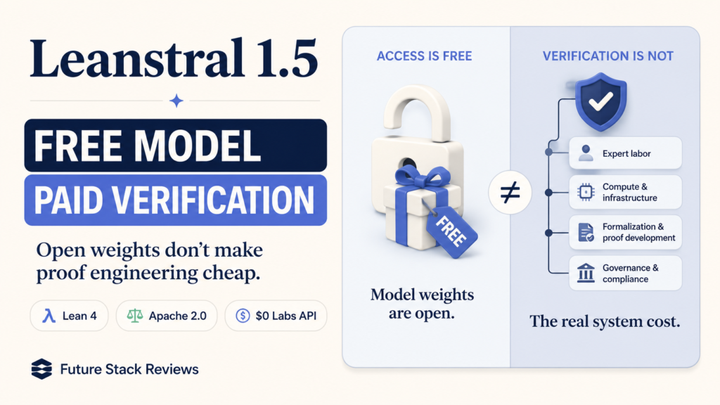 Leanstral 1.5 infographic: model access is free (open weights, Apache 2.0, $0 Labs API), but verification is not, requiring expert labor, compute, proof work, and governance.