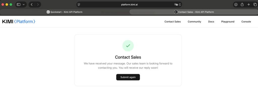 Screenshot The Kimi API Platform confirmed receipt at 22:37 JST on 24 July 2026 and displayed a message saying a reply would follow. FSR asked whether a self-serve pay-as-you-go OpenPlatform API account falls within the Business Services covered by the Business Supplement of 1 June 2026.