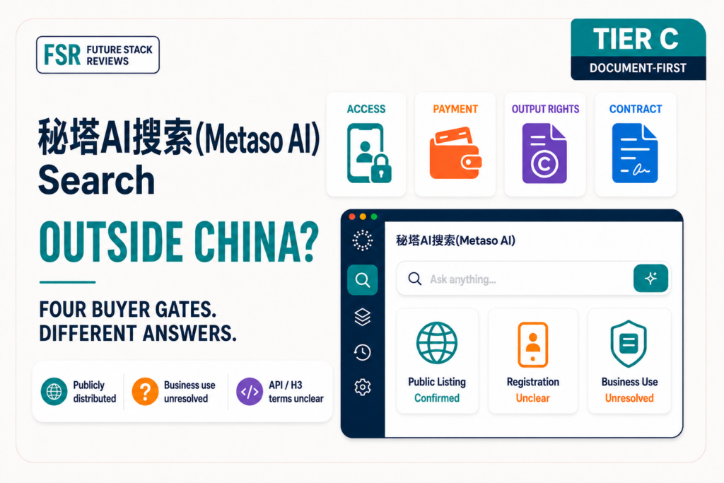 Future Stack Reviews Tier C cover graphic for 秘塔AI搜索, Metaso AI Search, outside China. It names four buyer gates: access, payment, output rights, and contract, with public listing confirmed and registration and business use unresolved.