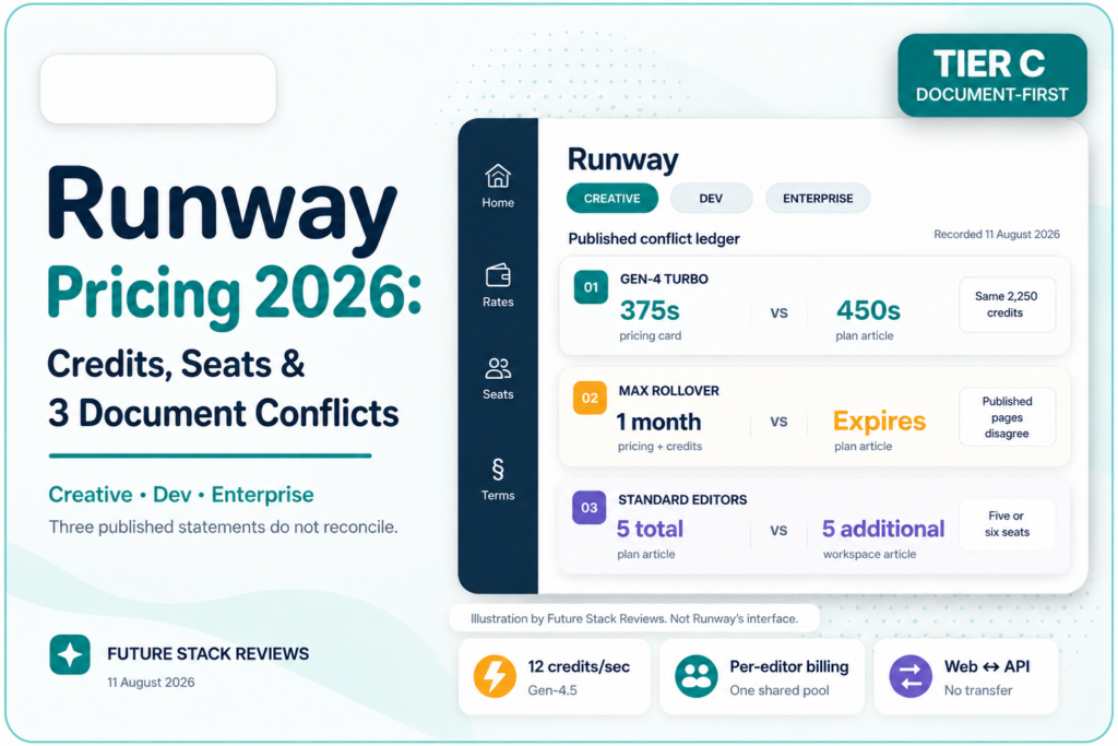 Runway pricing 2026 briefing card with a conflict ledger comparing Runway's published figures on Gen-4 Turbo seconds, Max rollover, and Standard editor seats.