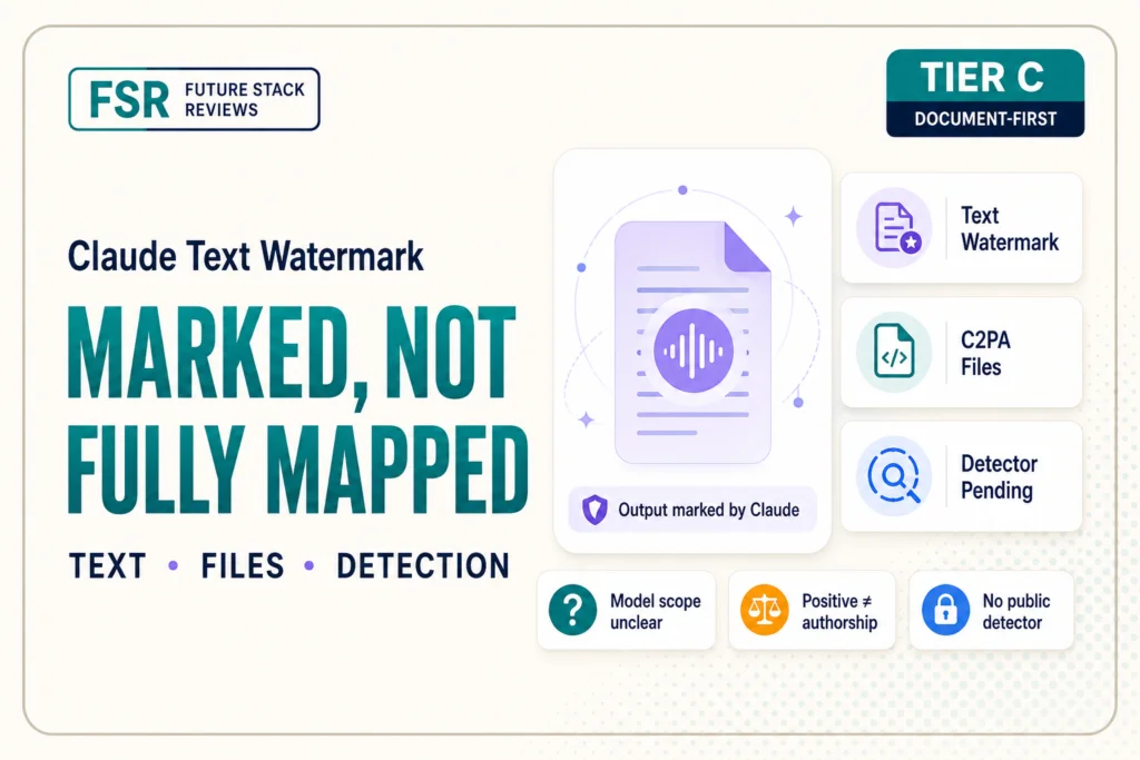 FSR featured graphic titled “Claude Text Watermark: Marked, Not Fully Mapped,” with cards for text watermarking, C2PA files, detector pending, unclear model scope, and positive detection not proving authorship.