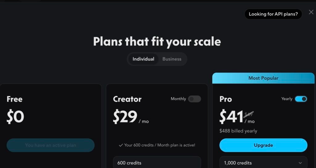 HeyGen's in-app plan modal, viewed from a signed-in Creator account. Three columns are shown under an Individual and Business toggle. Free is $0 with a greyed button reading "You have an active plan". Creator carries its own billing toggle set to Monthly, a price of $29 per month, a line reading "Your 600 credits / Month plan is active!", and a dropdown reading "600 credits". Pro carries a "Most Popular" banner, its own billing toggle set to Yearly, a price of $41 per month with $49 struck through, a line reading "$488 billed yearly", an Upgrade button, and a dropdown reading "1,000 credits". A "Looking for API plans?" control sits at the top right.