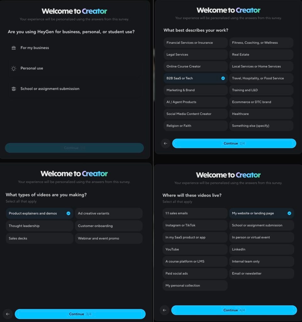 The four onboarding questions this Creator account answered, shown as four consecutive screens each headed "Welcome to Creator" with the note that the experience will be personalized using the answers. Screen one asks whether HeyGen is for business, personal, or student use and offers three options with no selection captured. Screen two asks what best describes your work and shows "B2B SaaS or Tech" selected from a list of eighteen options. Screen three asks what types of videos you are making and shows "Product explainers and demos" selected. Screen four asks where the videos will live and shows "My website or landing page" selected.