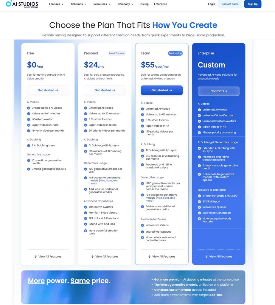 ai-studios-pricing AI Studios pricing page showing Free, Personal, Team and Enterprise plans, with SCORM Export and Interactive Quizzes listed under Exclusive to Enterprise.