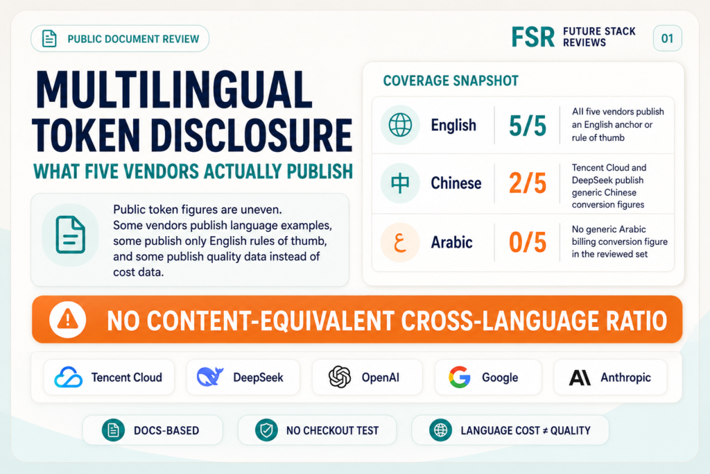 ai-token-cost-by-language-1 Coverage snapshot: five of five vendors publish an English token figure, two of five publish a generic Chinese conversion figure, none publishes an Arabic one