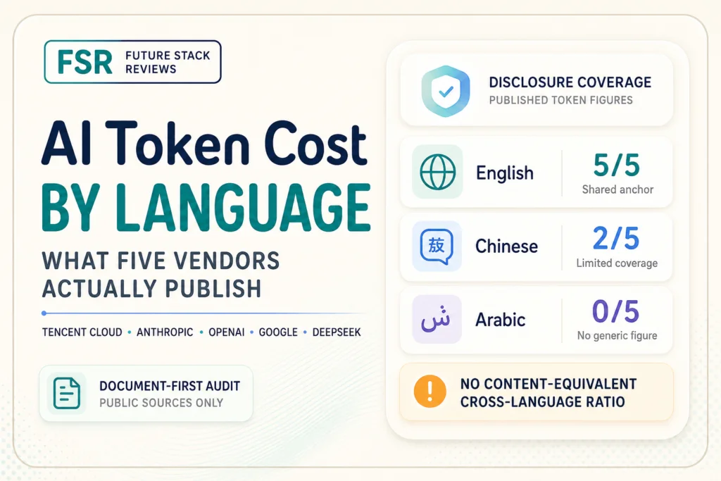 AI token cost by language infographic comparing five vendors: English 5/5, Chinese 2/5, and Arabic 0/5.