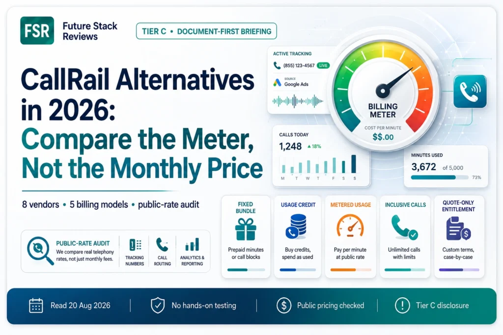 CallRail alternatives in 2026 shown with a billing meter and five models: fixed bundle, usage credit, metered usage, inclusive calls, and quote-only pricing.