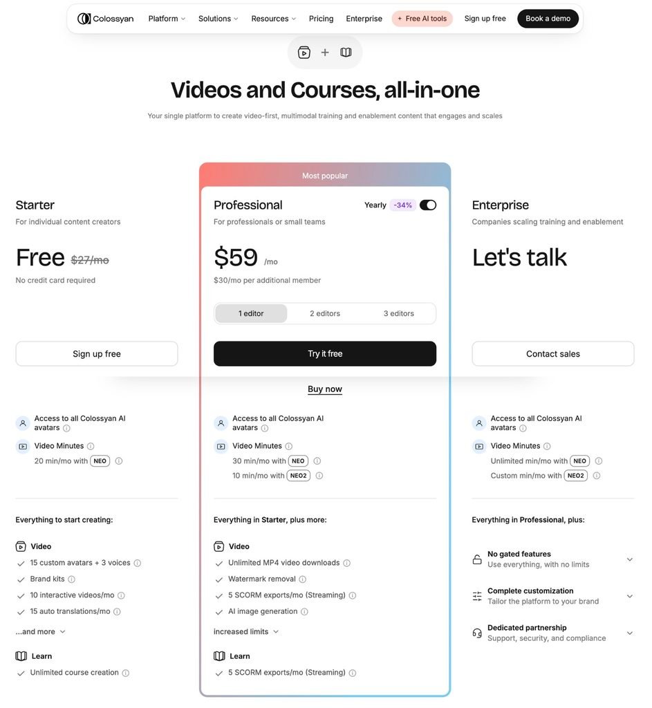 colossyan-pricing Colossyan pricing page with the yearly toggle enabled, showing Professional at 59 US dollars per month with five SCORM exports per month in streaming format.