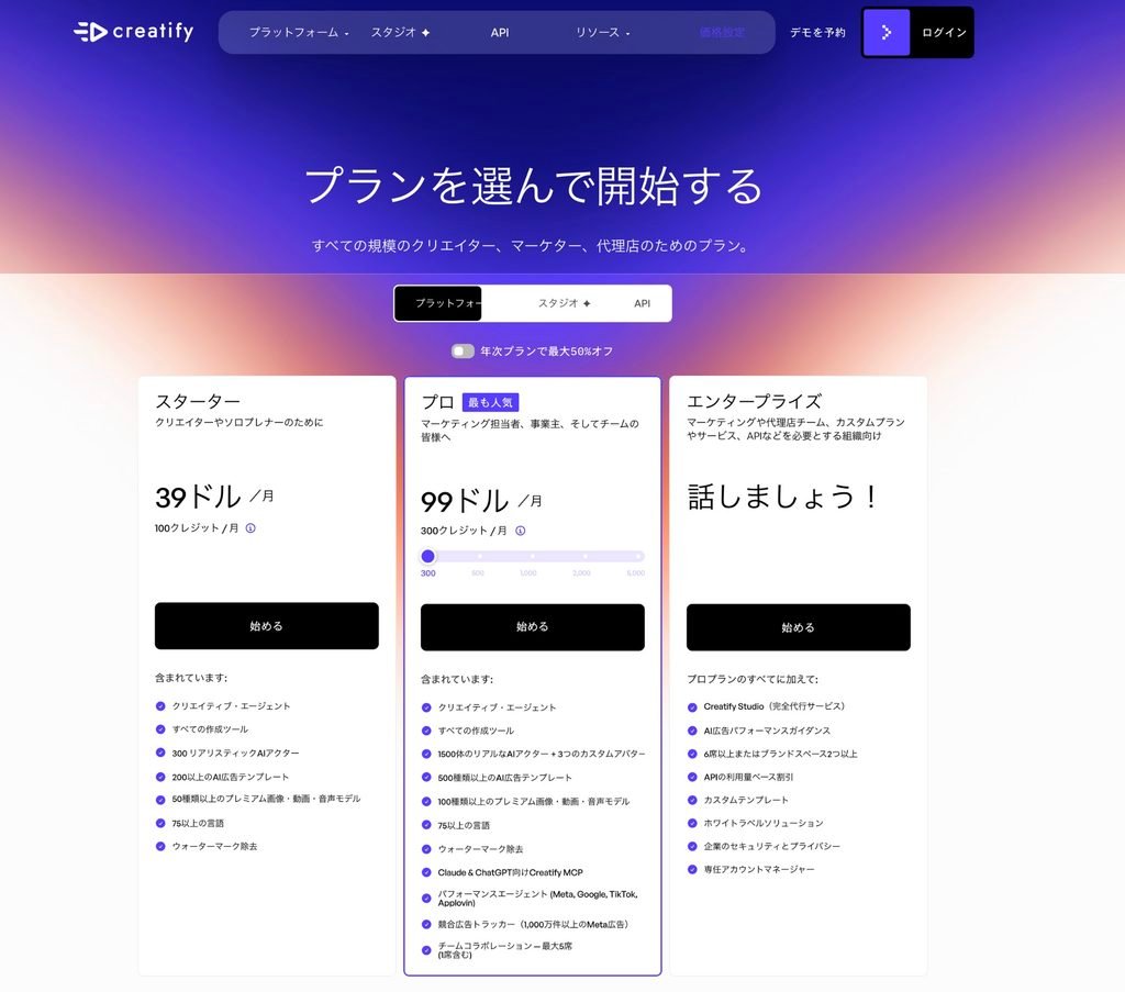 creatify-pricing Creatify pricing page rendered in Japanese but quoting US dollars, showing Starter with 100 credits and Pro with 300 credits, plus separate Platform, Studio and API tabs.