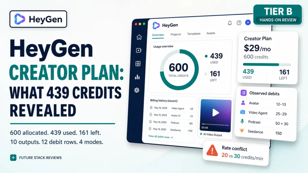 Editorial illustration for a Future Stack Reviews briefing on the HeyGen Creator plan. On the left, the HeyGen wordmark sits above the headline "HeyGen Creator Plan: What 439 Credits Revealed" and a two-line summary reading "600 allocated. 439 used. 161 left." and "10 outputs. 12 debit rows. 4 modes.", with the Future Stack Reviews byline beneath. On the right, a stylized product interface shows a usage donut labeled 600 total credits with 439 used and 161 left, a billing history list showing four charges of 25, 12, 50 and 150 credits, and a video output thumbnail. Three cards overlay it: a Creator Plan card reading $29 a month for 600 credits with the same 439 and 161 split, an observed debits card listing Avatar at 12 to 13, Video Agent at 25 to 29, Podcast at 50 plus 30 and Seedance at 150, and a warning card headed "Rate conflict" reading 20 versus 30 credits per minute. A Tier B, hands-on review badge sits at the top right. The interface shown is an illustration, not a screenshot.