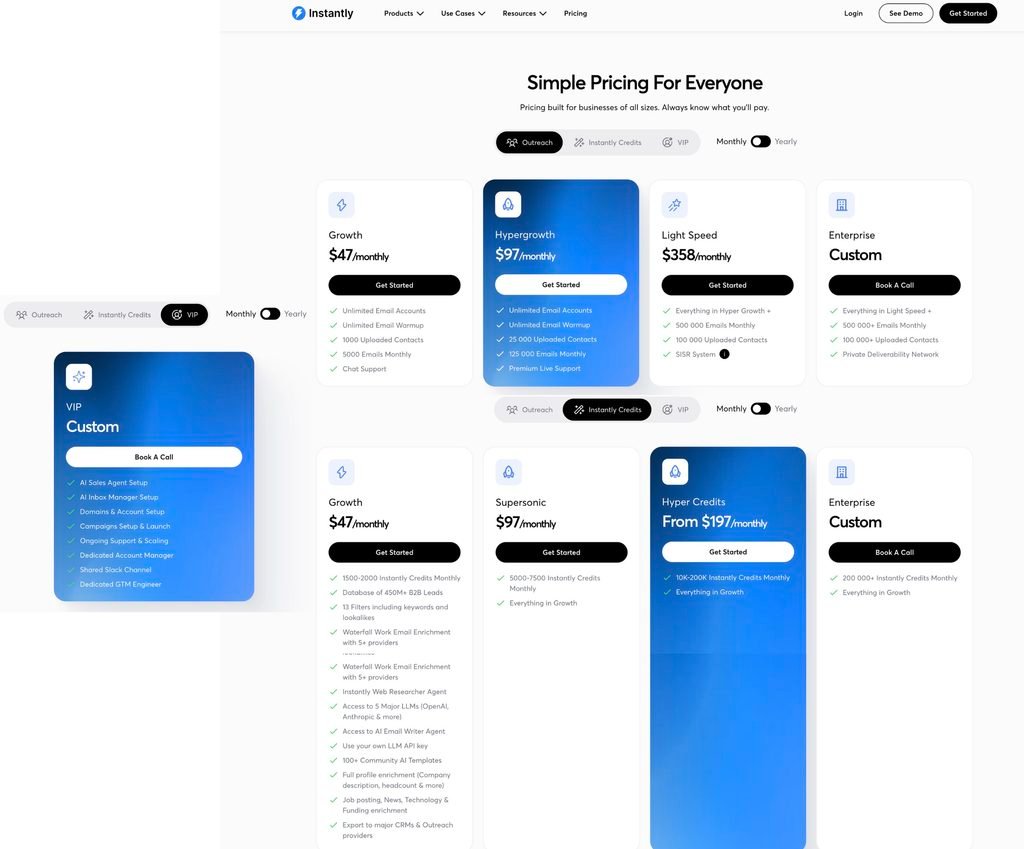 Instantly pricing page showing the Outreach plans at , , and 8 a month, the Instantly Credits plans at , , and from 7 a month, and the VIP plan at custom pricing.