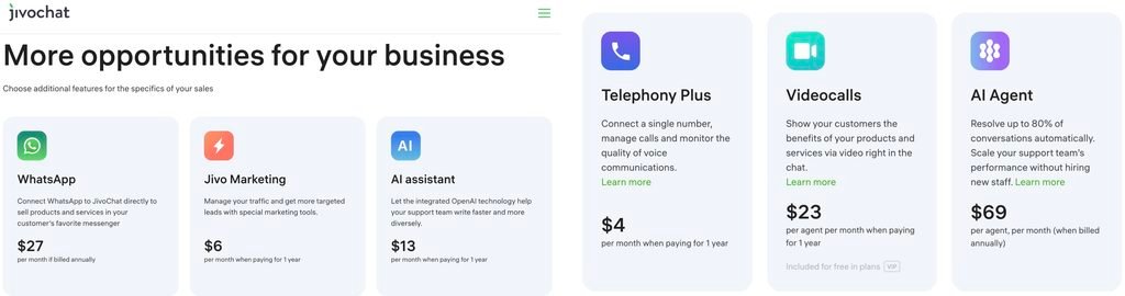 JivoChat add-on module pricing: WhatsApp , Jivo Marketing , AI assistant , Telephony Plus , Videocalls  per agent, and AI Agent  per agent, each billed annually.