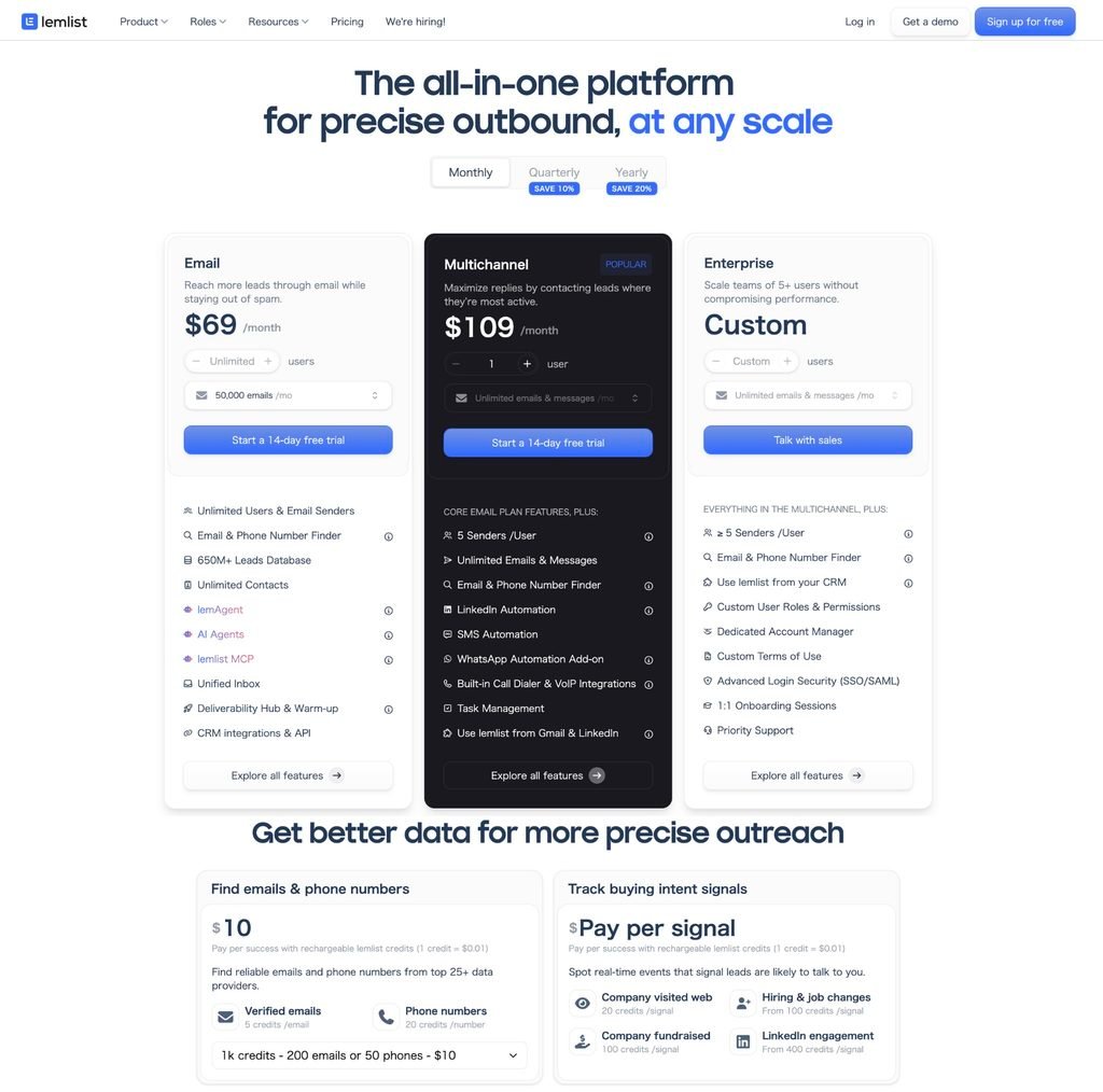 lemlist pricing page on monthly billing showing the Email plan at  per month with a users selector reading Unlimited, Multichannel at 9 per month per user, and Enterprise at custom pricing.