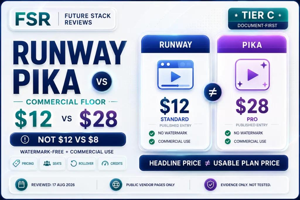 Runway vs Pika pricing comparison showing the commercial-use and watermark-free entry plans: Runway Standard at $12 and Pika Pro at $28 per month on annual billing.