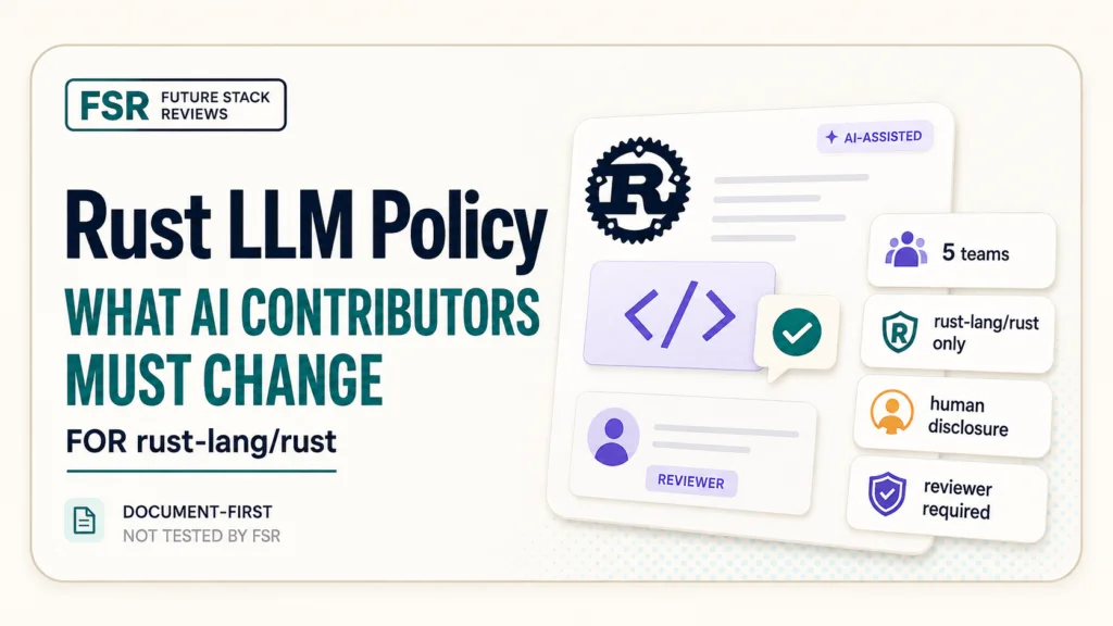 Future Stack Reviews title card reading Rust LLM Policy: What AI Contributors Must Change, for rust-lang/rust, marked document-first and not tested by FSR. An illustrated pull request panel carries the Rust logo and an ai-assisted label beside a reviewer card, with four fact chips: five teams, rust-lang/rust only, human disclosure, and reviewer required.