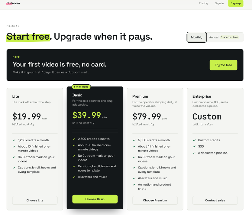Cutroom’s pricing plans: a free first video with a Cutroom mark; Lite, Basic and Premium at 19.99, 39.99 and 79.99 US dollars a month for 1,250, 2,500 and 5,000 monthly credits; Enterprise at a custom price.