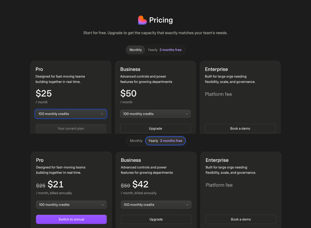Lovable pricing page in two views. Monthly: Pro  and Business  a month, each with 100 monthly credits; Enterprise shows a platform fee. Yearly, labeled “2 months free”: Pro  and Business  a month, billed annually, with  and  struck through.