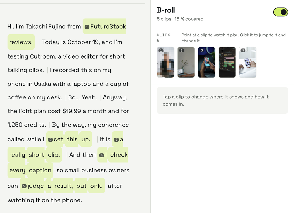 Screenshot of Cutroom's editor before any fixes. The transcript on the left reads "FutureStack reviews.", "the light plan" and "my coherence called", and five highlighted ranges mark where b-roll plays. The B-roll panel on the right lists 5 clips covering 15% of the video; the first clip's thumbnail is pixelated.